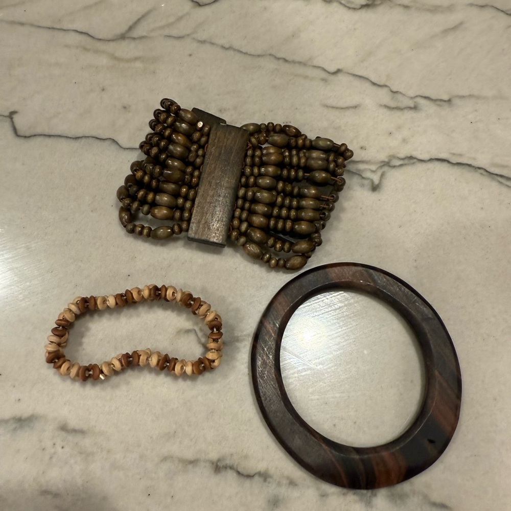 Tribal monies style stretch bangle bracelet 10 wooden strands of beads set of 3